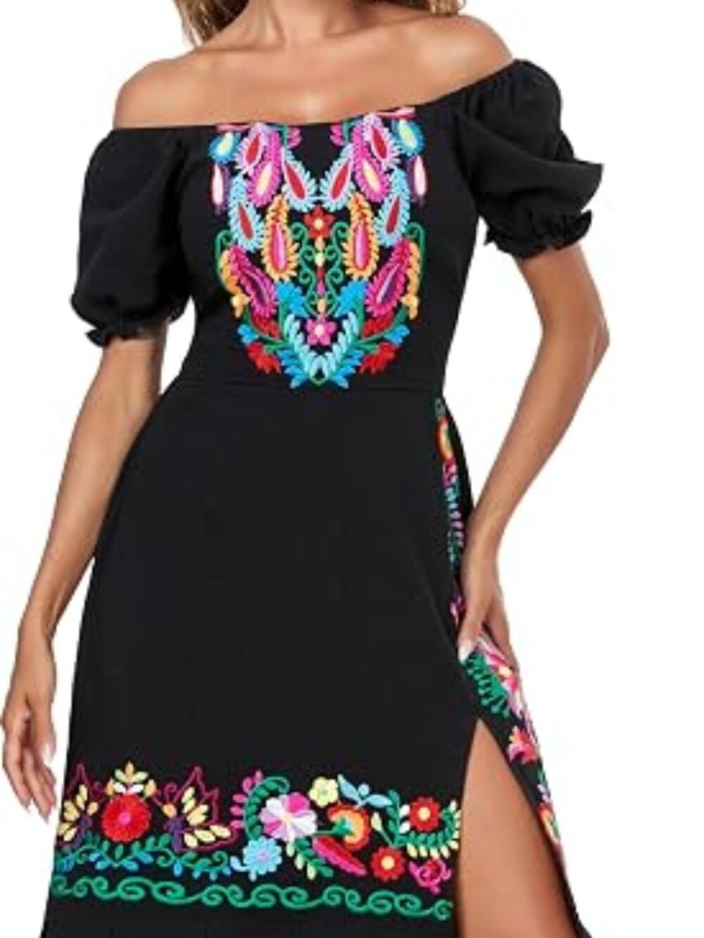 Women Mexican Boho Floral Embroidered Split Midi Dress Puff Sleeve Sundress